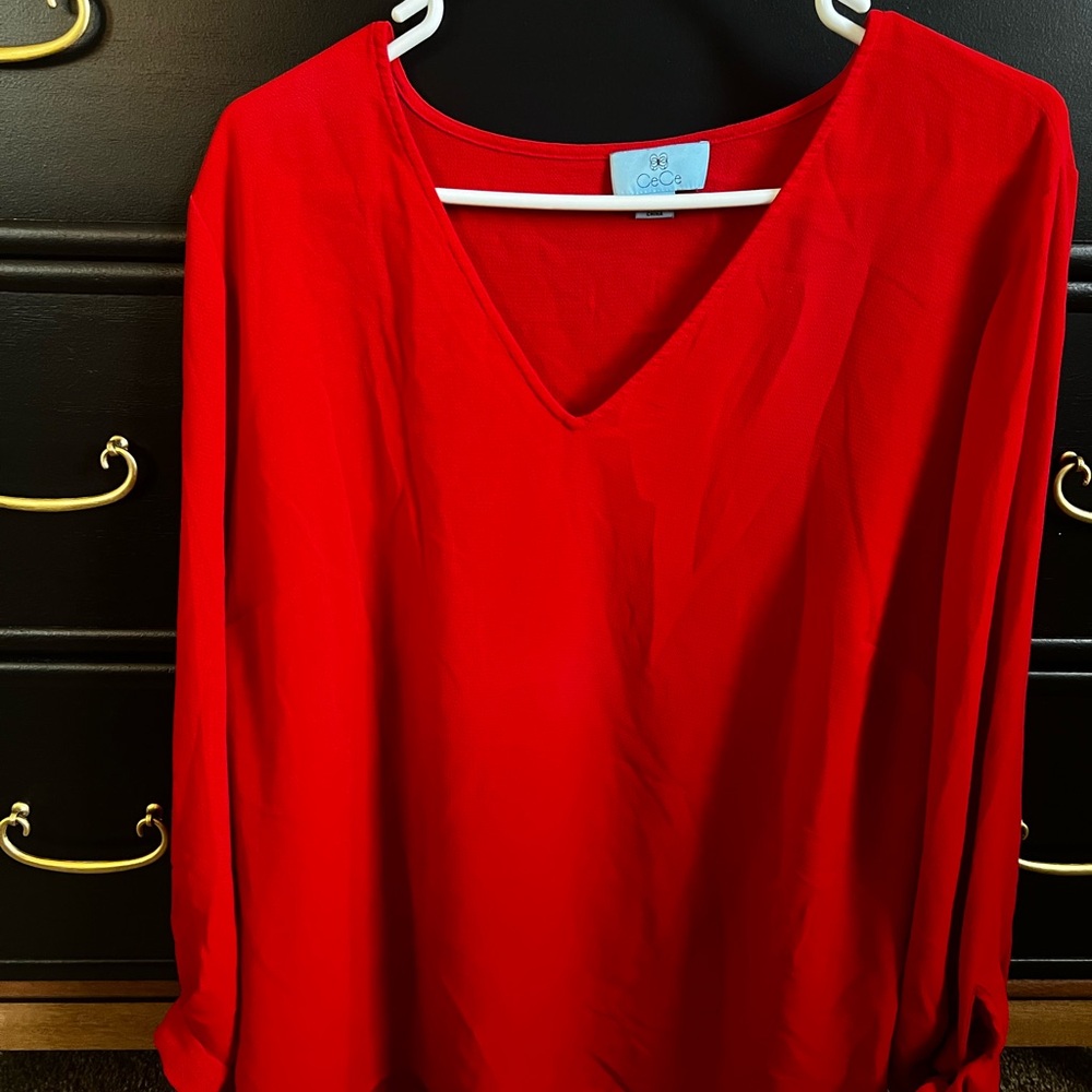 CeCe Bold Red V-Neck Long Sleeve Top
